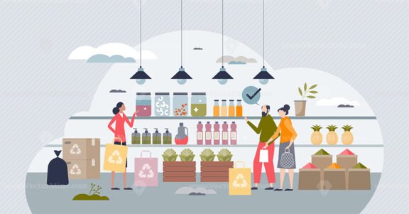 Zero waste grocery store for ecological green lifestyle tiny person concept