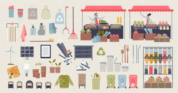Zero waste objects and sustainable store packaging tiny person collection
